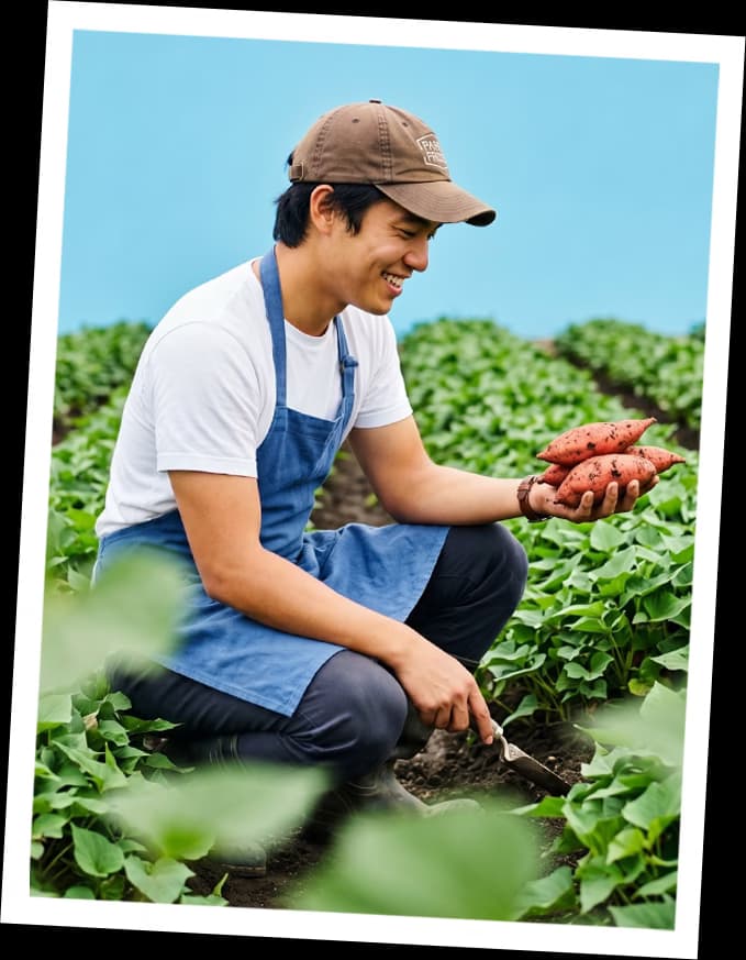 Petani tersenyum memanen ubi jalar